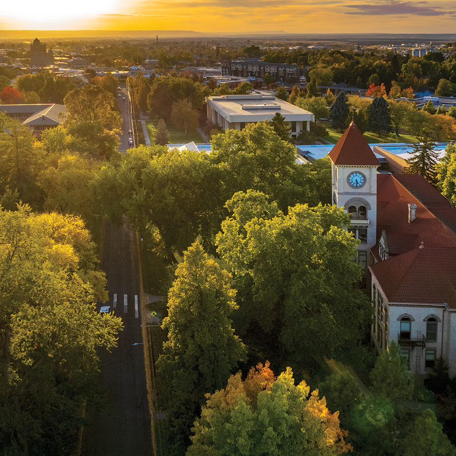 Whitman College campus aerial facing Walla Walla