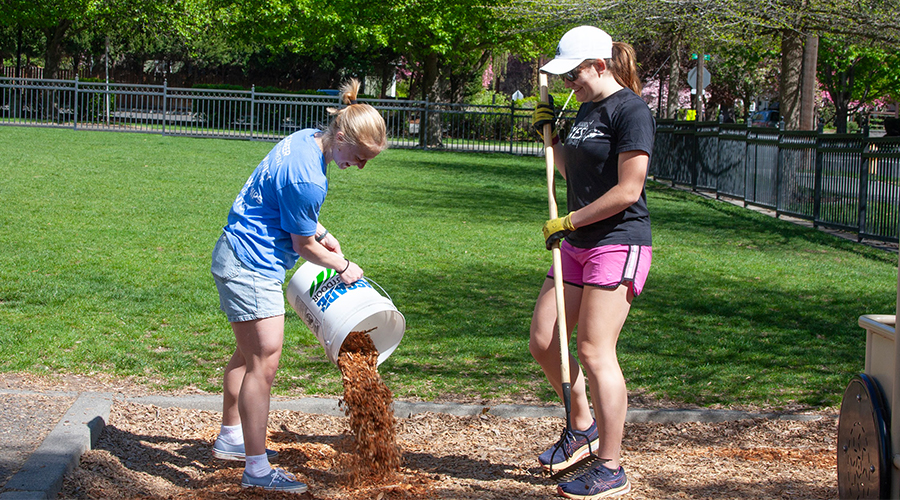 Two students working outdoors in a park setting.