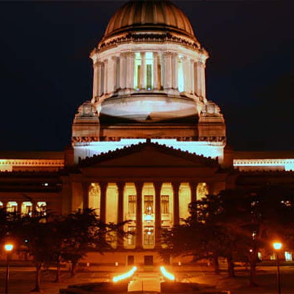 The Washington State capitol building at night.