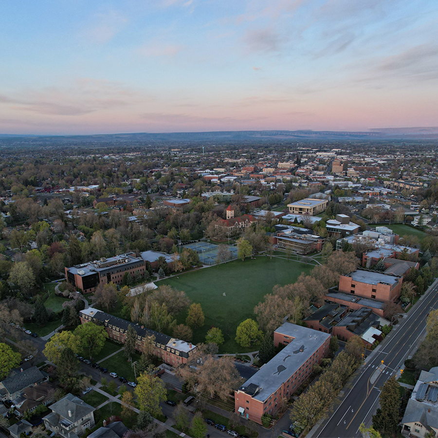 Drone image of Walla Walla with Whitman College and Ankeny Field visible in the center.