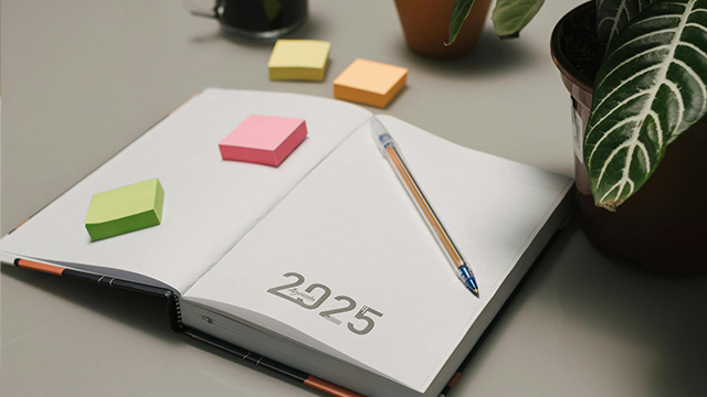 Colorful sticky notes and a pen with an open book with “2025” printed on an otherwise blank page.