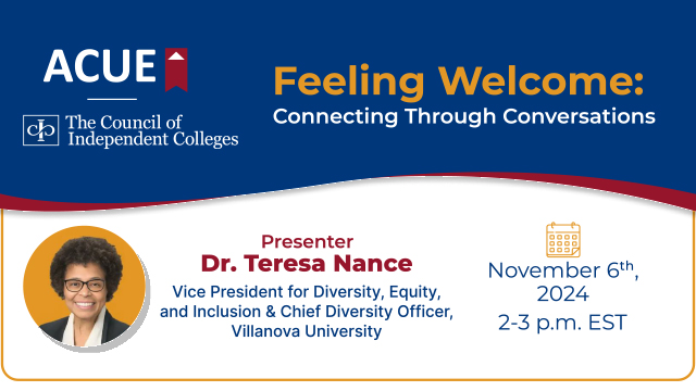 A promotional graphic with text, logo, event details for “Feeling Welcome: Connecting Through Conversation” and a photo of presenter Teresa Nance.