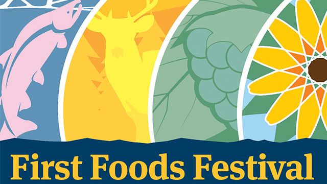 An illustration depicting salmon, deer, berries and flower with the text “First Foods Festival”.