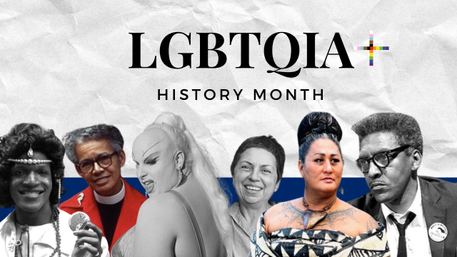 Six people’s profile images along the bottom; above it, “LGBTQIA+ History Month” in black text on a wrinkled paper background.