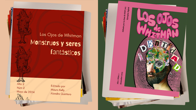 Two stacks of “Los Ojos de Whitman” magazines.