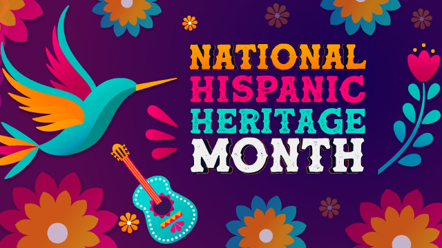 A vibrant illustration of flowers, guitar and bird with the text “National Hispanic Heritage Month”