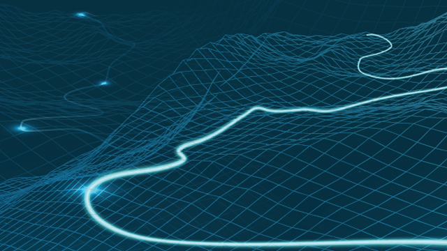 An illustration with a light blue line snaking its way over a topographical grid pattern.