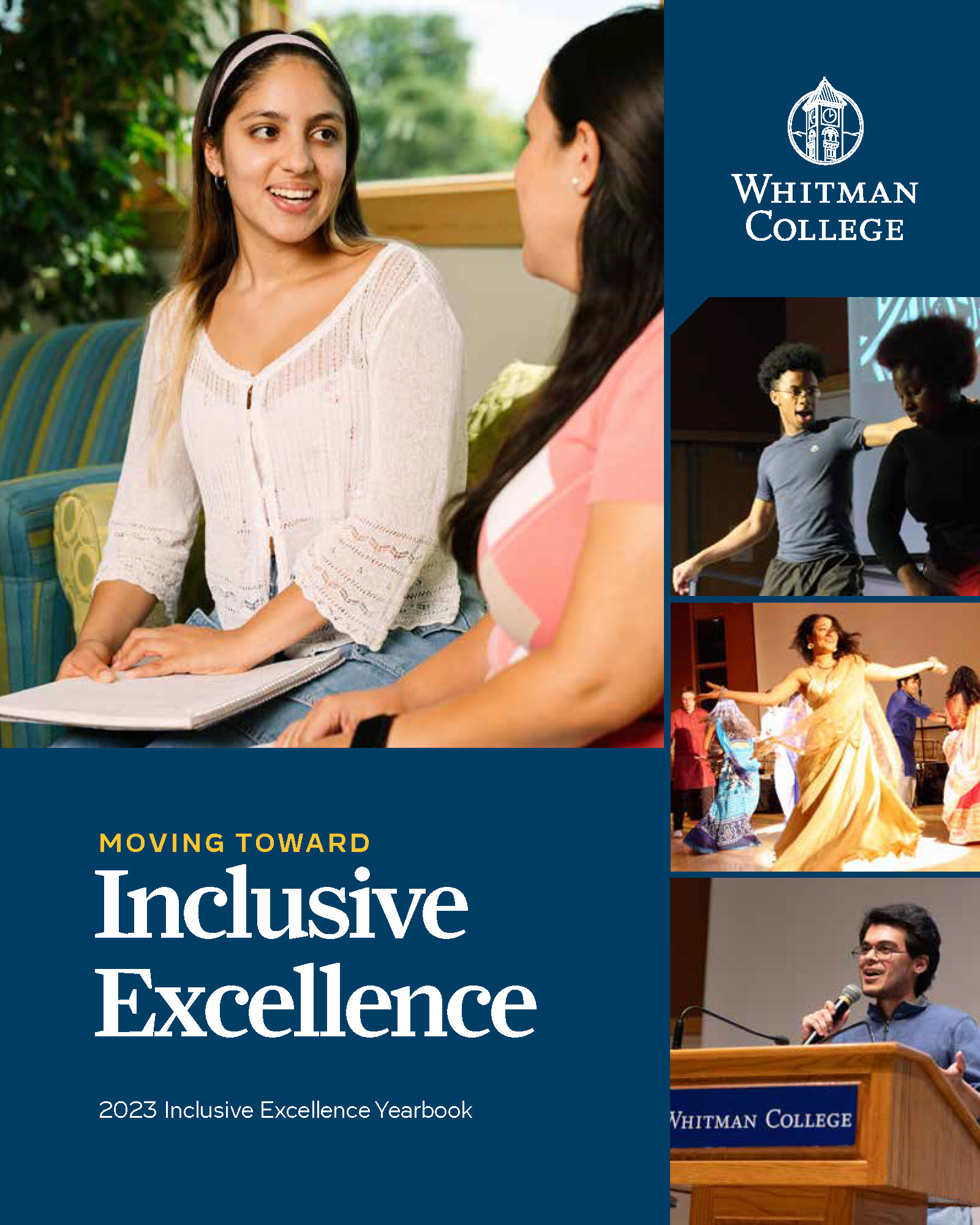 Several photos, a Whitman logo, and the text “Moving Toward Inclusive Excellence - 2023 Inclusive Excellence Yearbook.”