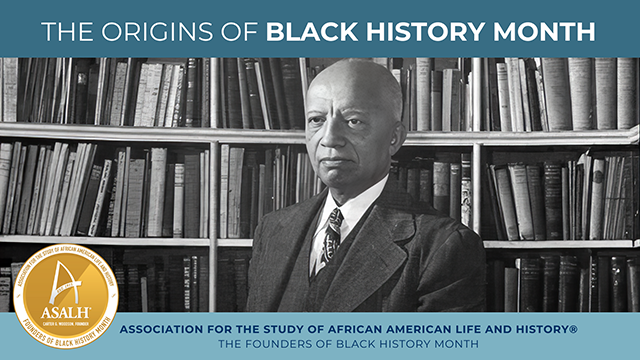 A black and white photograph of a Black man in front of a bookshelf is framed by text and logo from the Association for the Study of African American Life and History