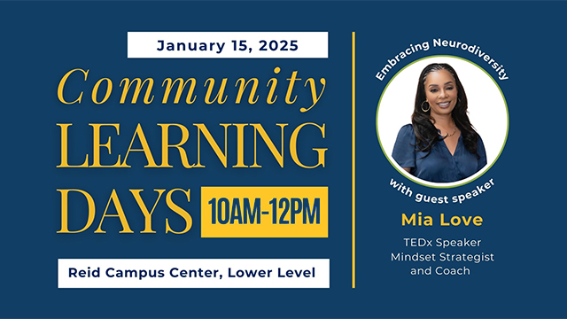 A flyer-style image promoting the “Community Learning Days” event on Jan. 15, 2025, with a small profile image of speaker Mia Love, text with event details, all on a dark blue background.