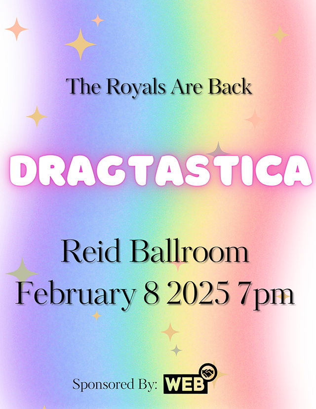 A pastel rainbow background, gold stars and text: “The Royals Are Back” and “Dragtastica.”