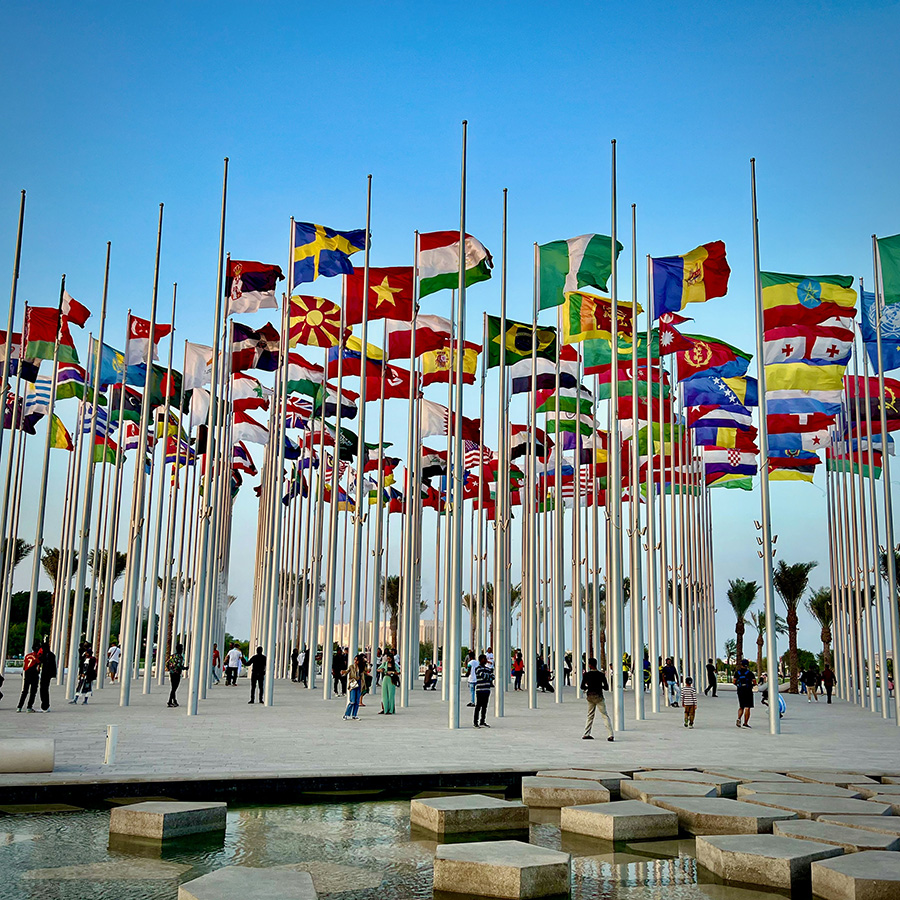 Different nation flags flying in the air.