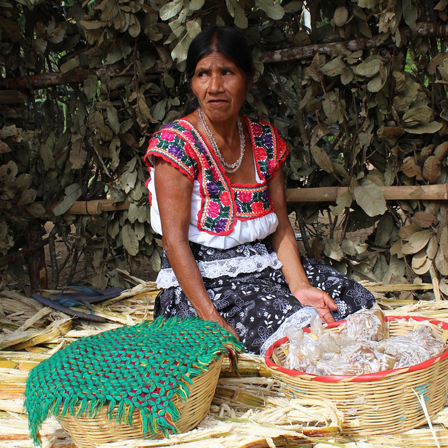 Indigenous women sitting next to baskets.