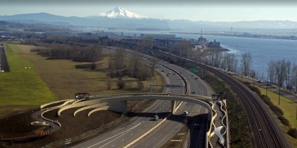 Installation over State Route 14 in Vancouver, Washington. Mt. Hood in background.