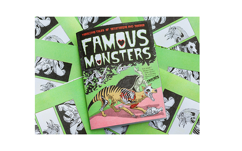 Cover of the book "Famous Monsters" surrounded by graphics of zombie extinct animals.