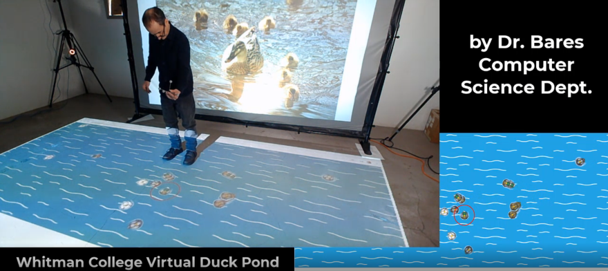 Professor Bares demonstrates the Whitman College virtual duck pond as part of the Immersive Stories Lab