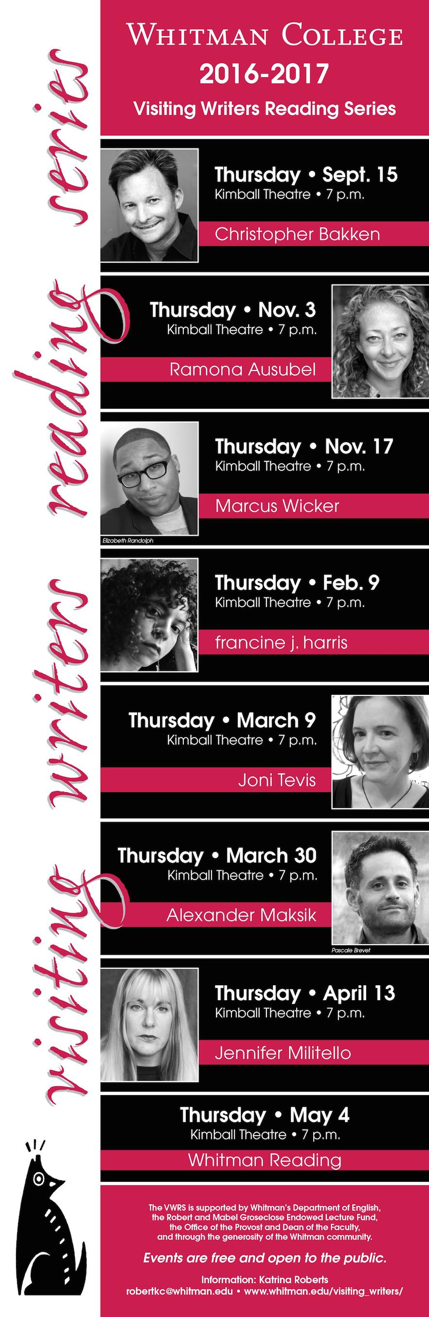 Visiting Writers Reading Series poster 2016-17