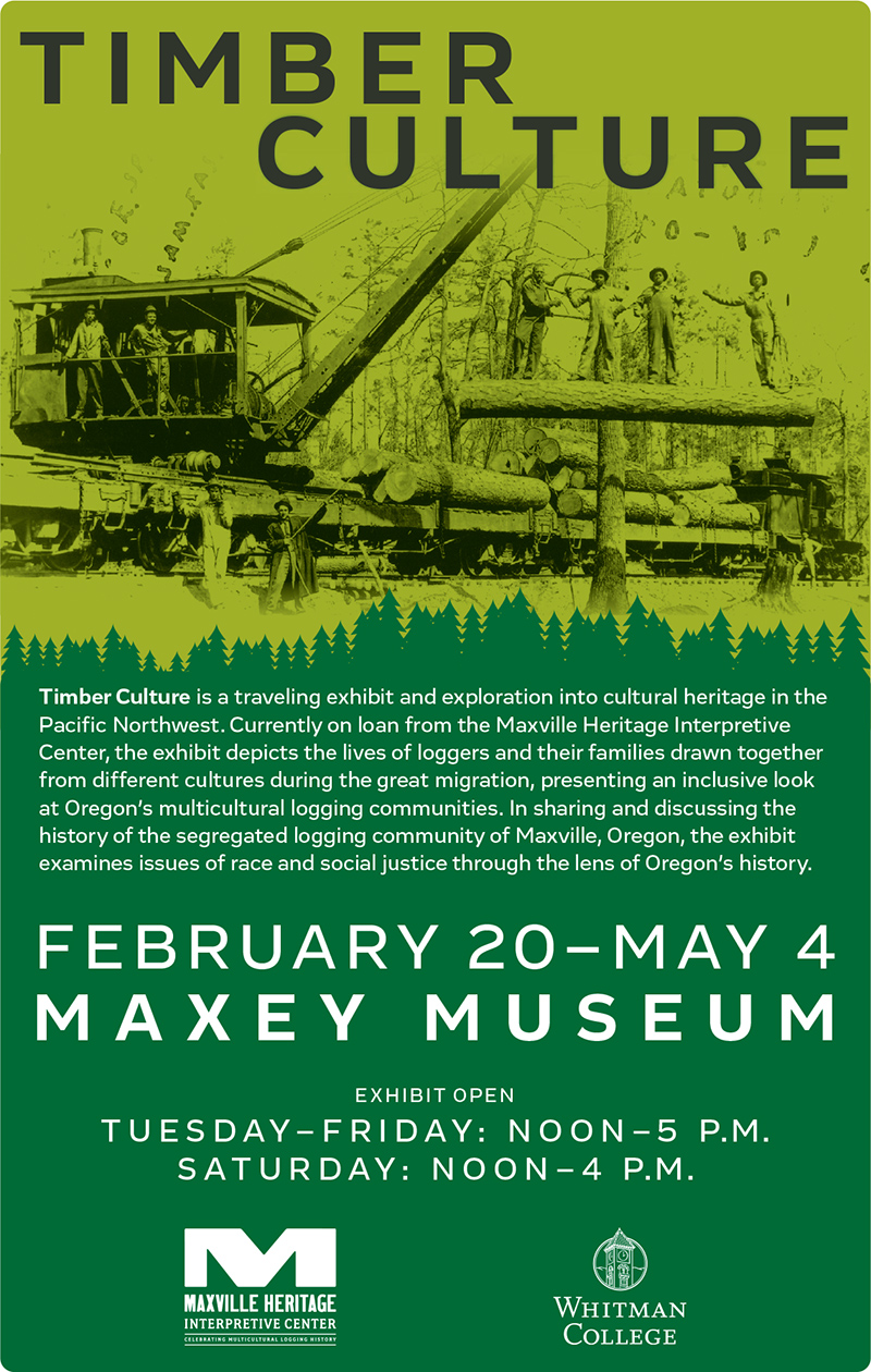 Exhibit poster featuring an image of loggers posing with a crane lifting large logs onto a train car.