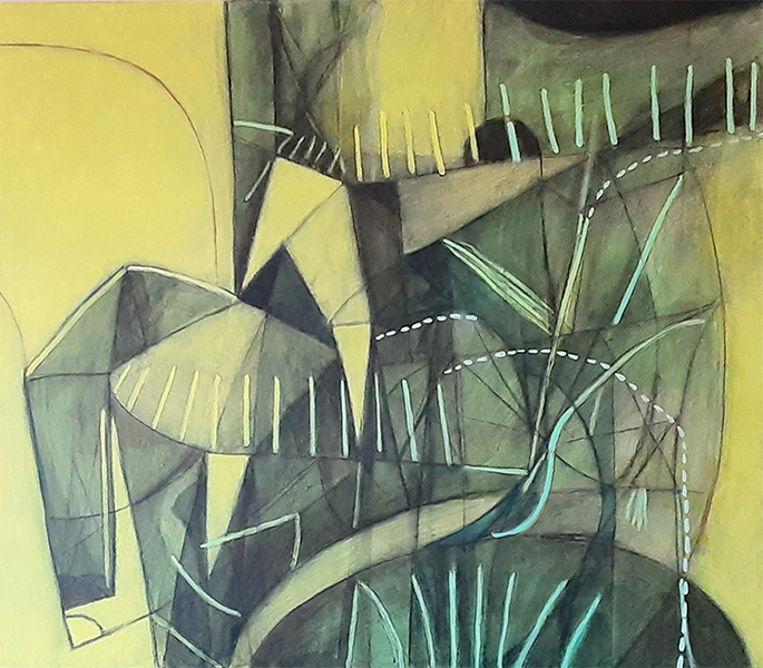 Abstract painting with dark shapes on a yellow background.