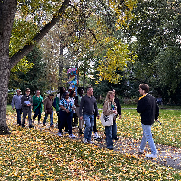 Group visitors in a campus tour of Whitman College