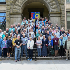 Class of 1974 gathered together outside of Memorial Building.