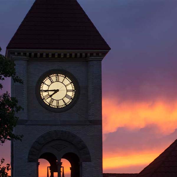 Memorial Building clock and a sunset.