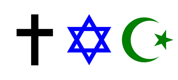 Three religious symbols: a cross (Christianity), the Star of David (Judaism), and the Crescent and Star (Islam).
