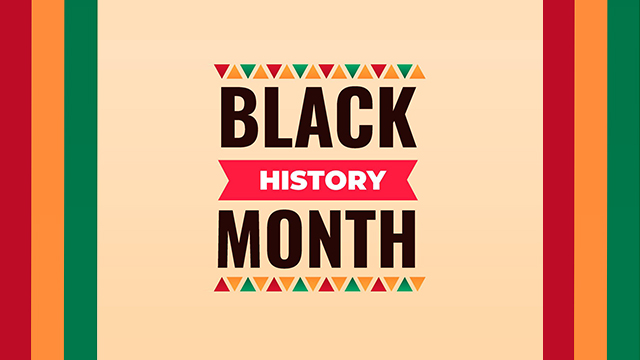 A red, green, orange and beige banner with the words “Black History Month”