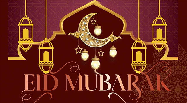 Red and gold illustration with lanterns, a moon, and the text “Eid Mubarak.”