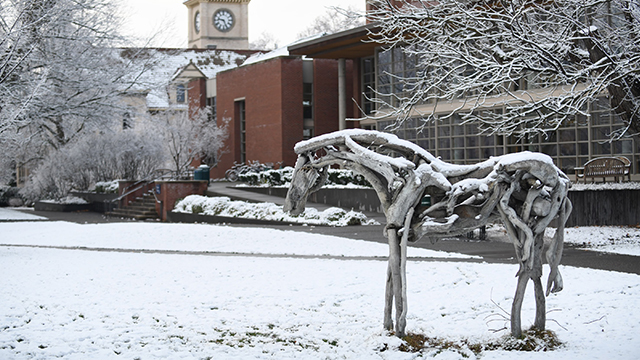 Snow covers the ground, with a driftwood sculpture (“Styx”) in the foreground and Penrose Library in the background.