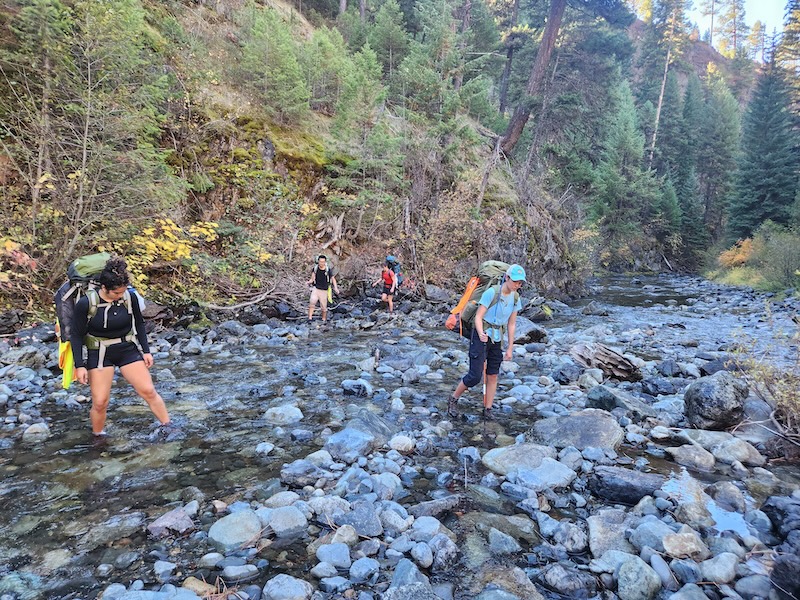 Whitman students with large camping backpacks wade in a shallow rocky river in a forest