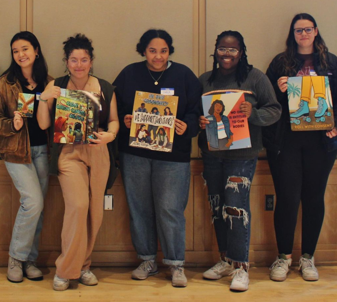 five students, each holding a book on the topic of sexual violence prevention