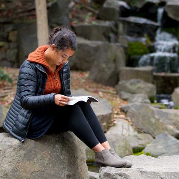 A student reading a book while sitting on a boulder with a creek running behind them.