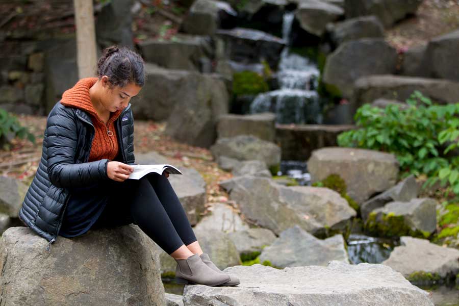 A student reading a book while sitting on a boulder with a creek running behind them.