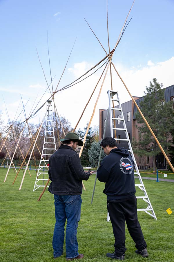 Setting up the tent.