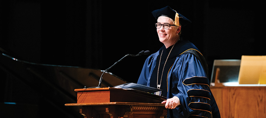 President Sarah Bolton speaks at their installation.