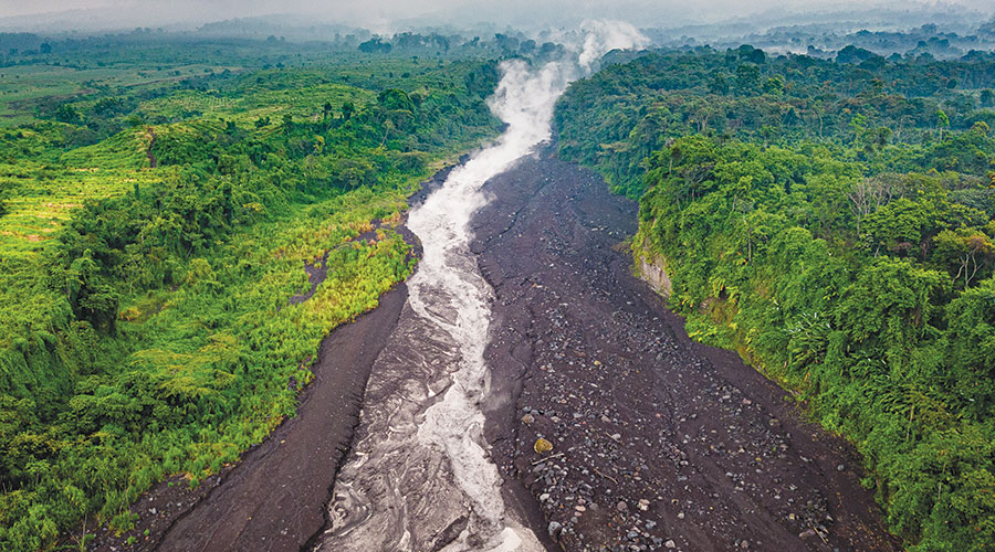 A lahar (volcanic mudflow) captured via drone on the Barranca Ceniza ravine near Volcán de Fuego in Guatemala.