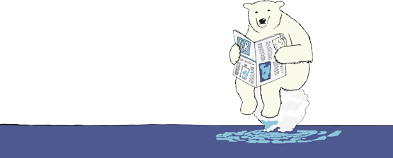 polar bear reading newspaper sitting on melting ice in middle of ocean
