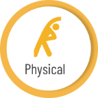 a gold circle with a stick figure stretching and the word "Physical"