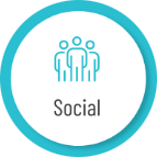 a teal circle with a group of three stick figures and the word "Social"