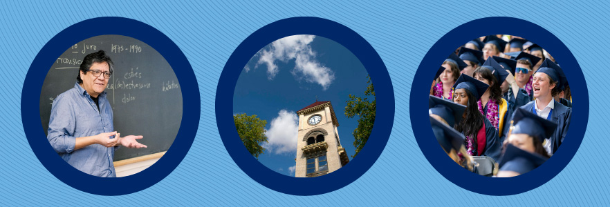 Series of three circular images depicting aspects of Whitman College, includes faculty, the Whitman clocktower, and commencement image of graduates