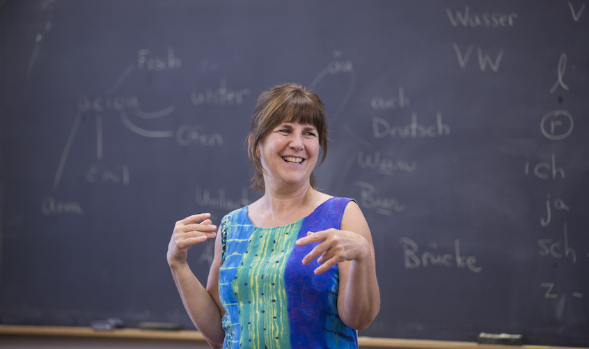 Senior Adjunct Assistant Professor of Foreign Languages &amp; Literatures (German) Susan Babilon sings the alphabet in German with her Elementary German students.