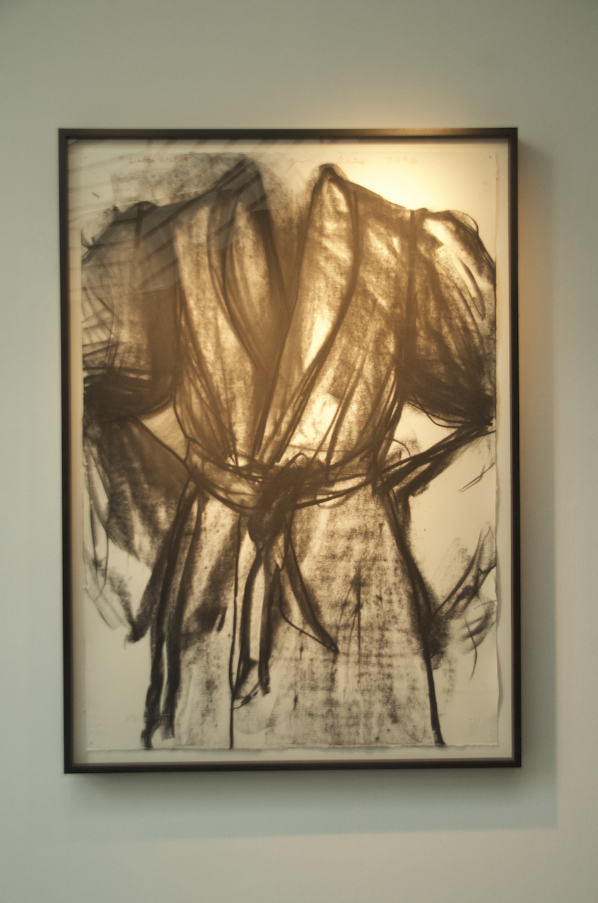Displayed inside Fouts with the other prints, "Black Robe" (2003) is 36" x 72" charcoal on paper.