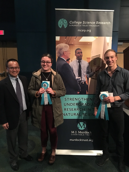 From left: Moses Lee, program director for research and science at the M.J. Murdock Charitable Trust with Whitman winners Stefanides and Juul. Photo courtesy of Assistant Professor of Chemistry Nate Boland.