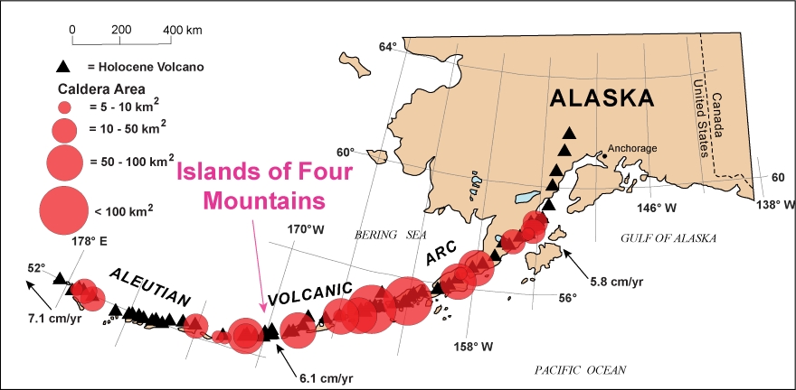 A map of the Aleutian arc shows the varying caldera sizes. The location of the Islands of Four Mountains is noted toward the center of the arc. 