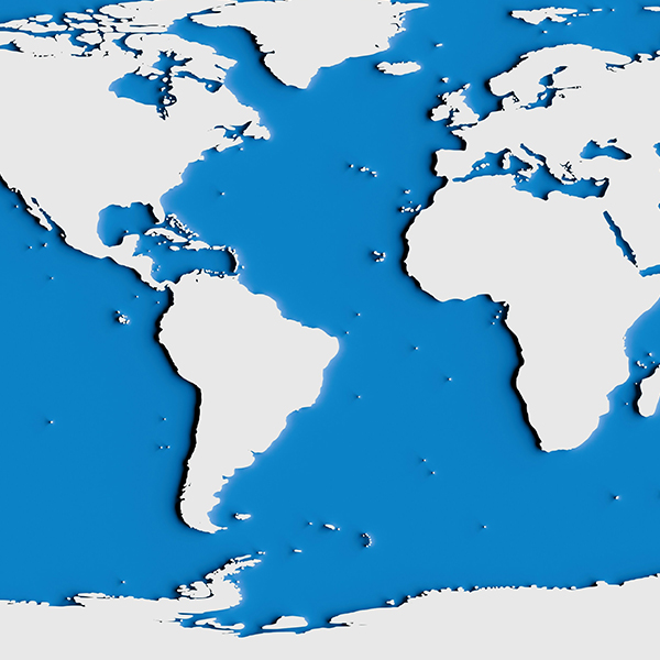 An unlabeled world map in blue and white.
