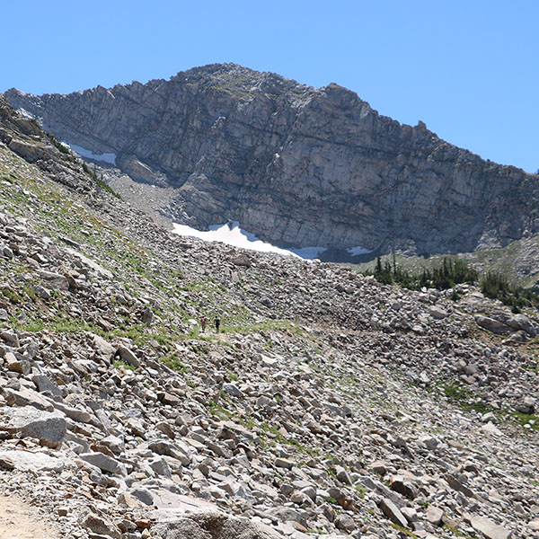 A rocky hillside and hiking trail near White Pine Lake, Utah