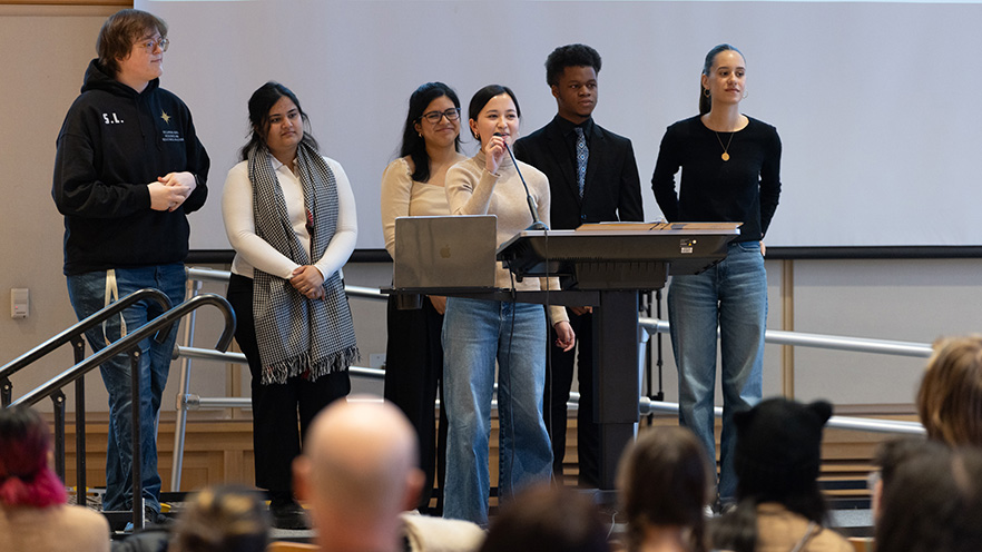 The student body that led the Power & Privilage Symposium. Spenser Lamphear ’27, Marketing & Communications Director; Gauri Vaidya '28, Programming Co-Director; Ariadna Villavicencio ’28, Operations Co-Director; Angela Eliacy ’25, Executive Director; Vinson Russell ’28, Programming Co-Director; and Yael Hensen Anaya ’26, Operations Co-Director.