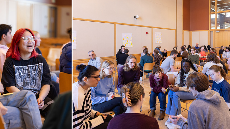 Image of the Whitman College community breaking into groups and discussing.