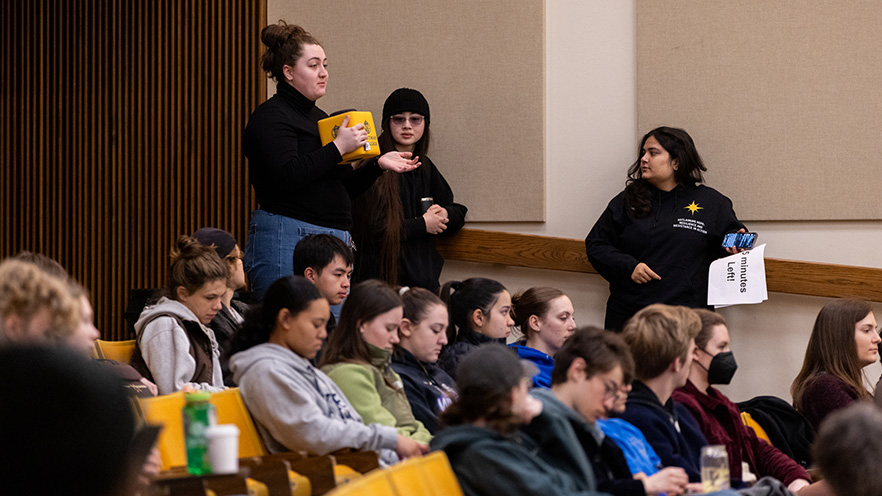 Students at the Whitman College Power & Privilege Symposium asking questoins to presenters.